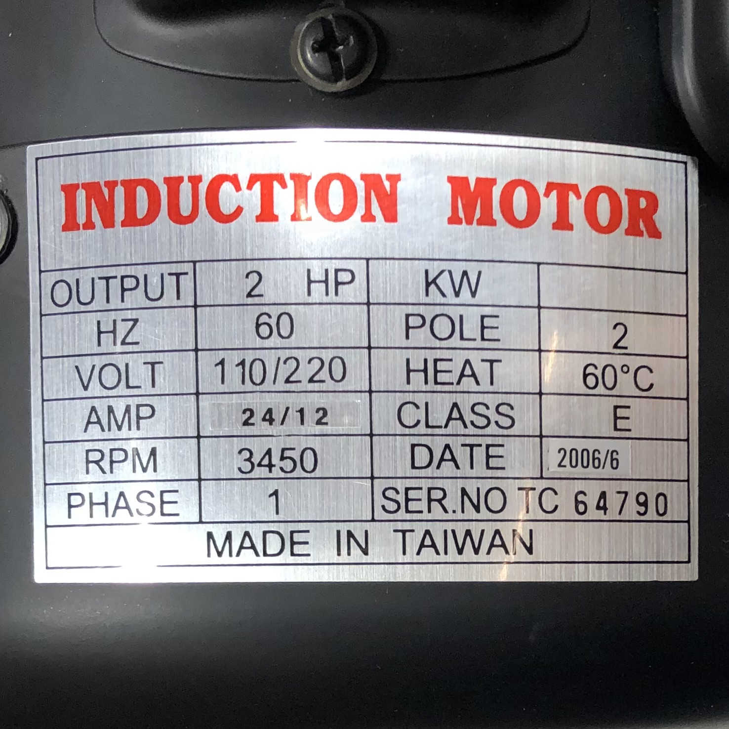 1.471KW Induction Motor 2Hp, 60Hz, 110/220V,  24/12Amp, 3450Rpm, 1Ph 5