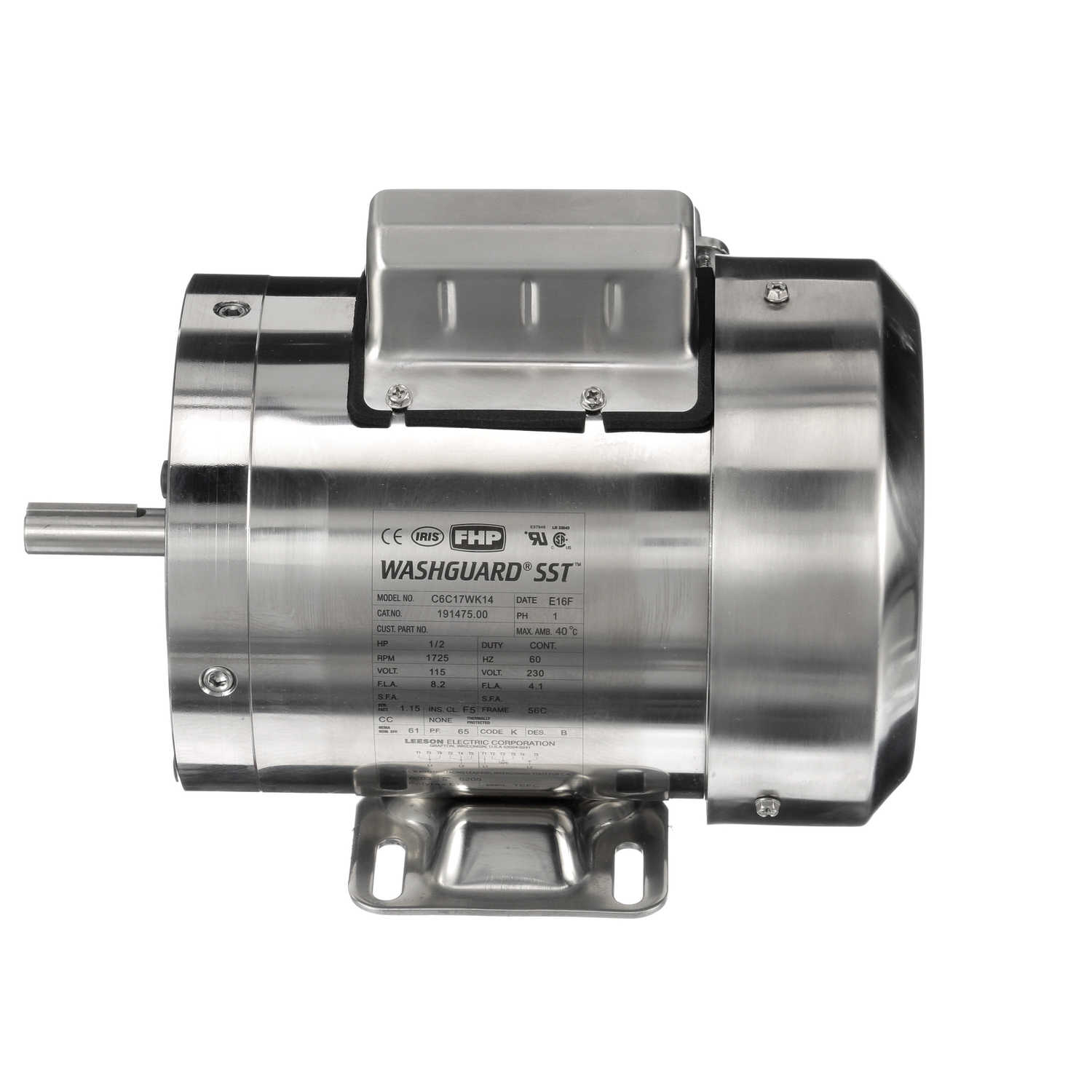 115/208-230V Voltage Leeson 191475.00 Washguard C Face Motor 1 Phase 56C Frame 60Hz Fequency 1/2HP Rigid C Mounting 1800 RPM