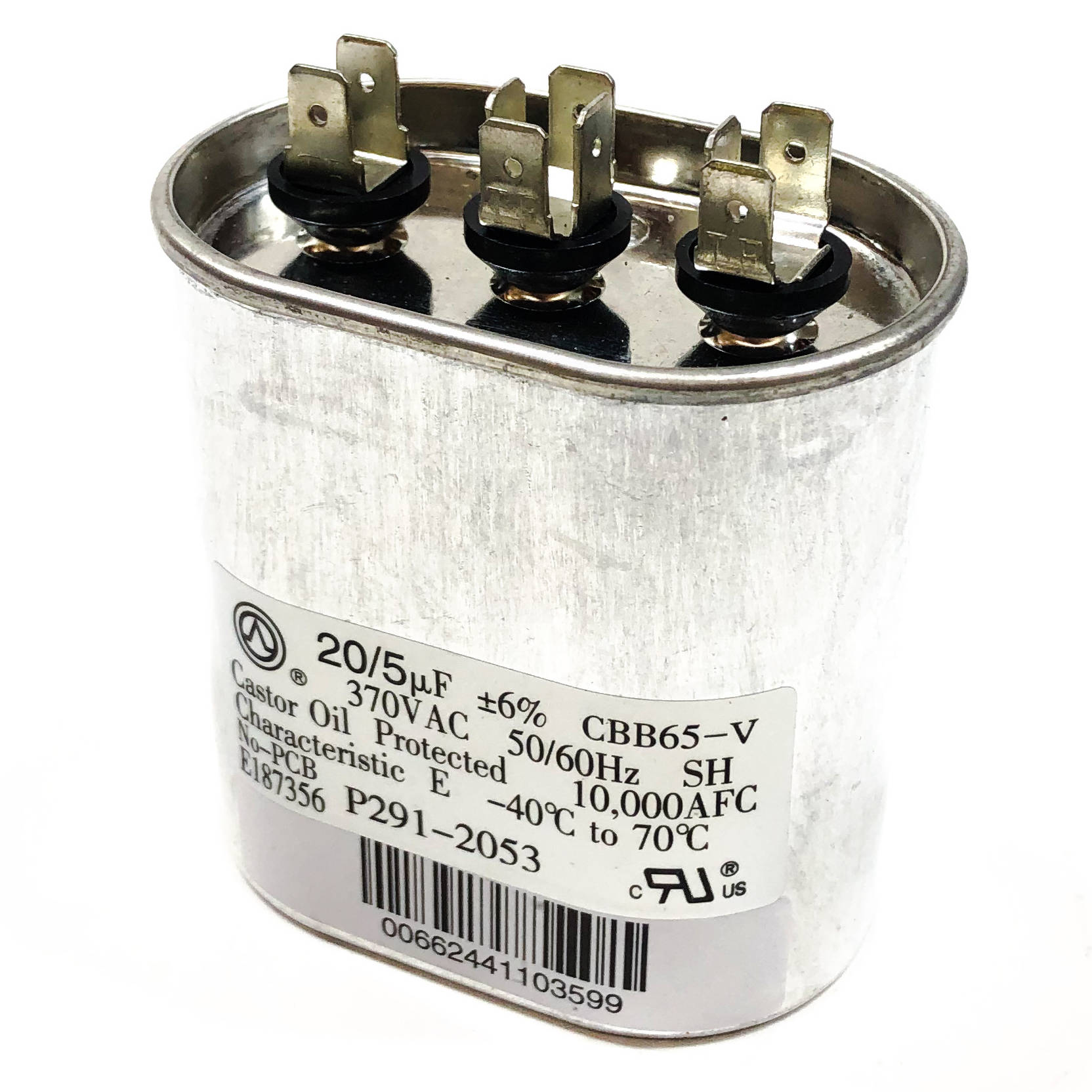 291-2053 Carrier Run Capacitor, Oval, 370VAC 20/5uF 12