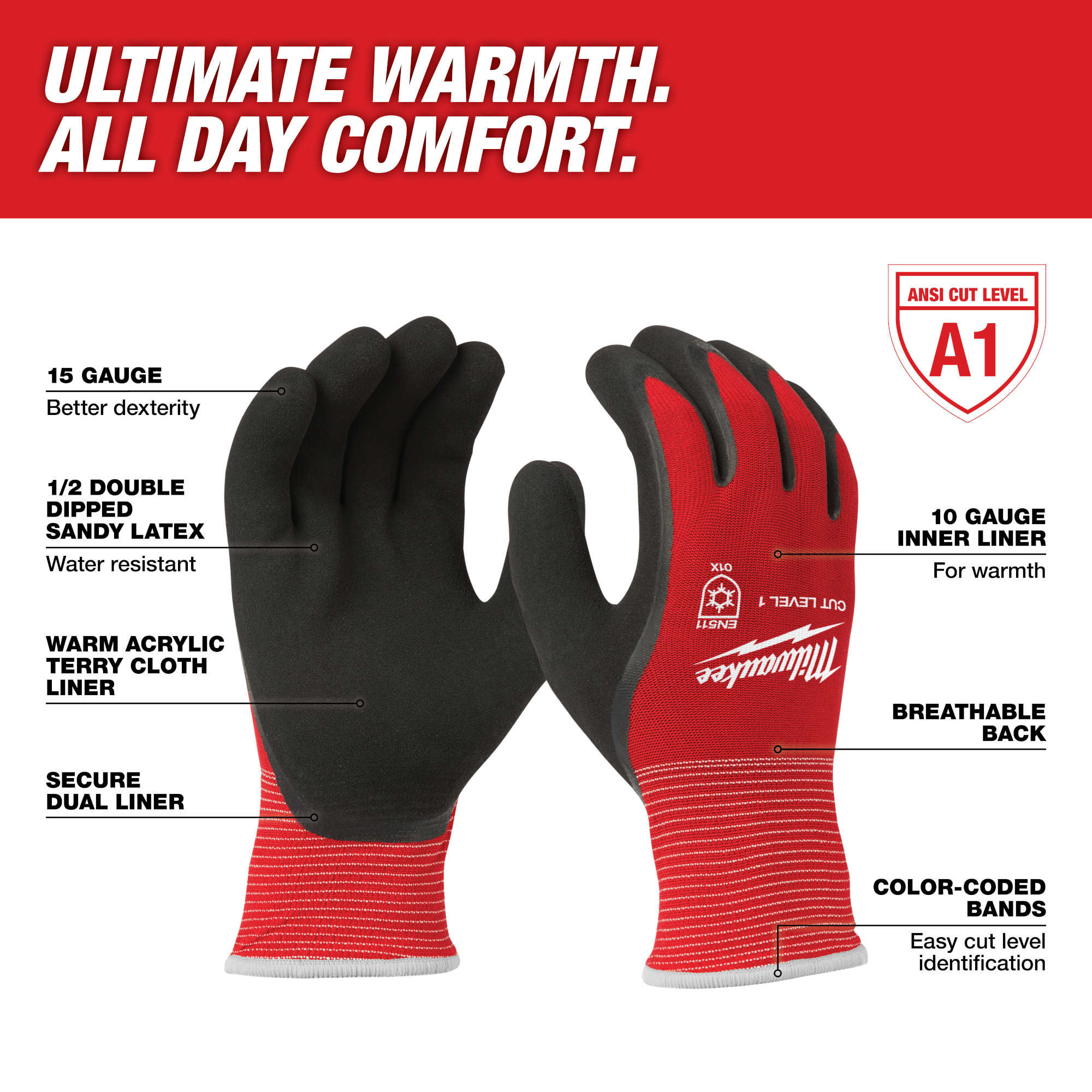 48-22-8912 Milwaukee Cut Level 1 Winter Dipped Gloves, Large 6