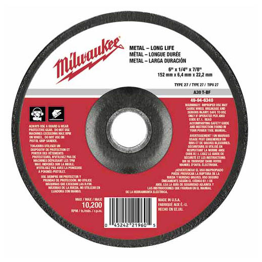 49-94-6340 Milwaukee 6" x 1/4" x 7/8" Grinding Wheel (Type 27)