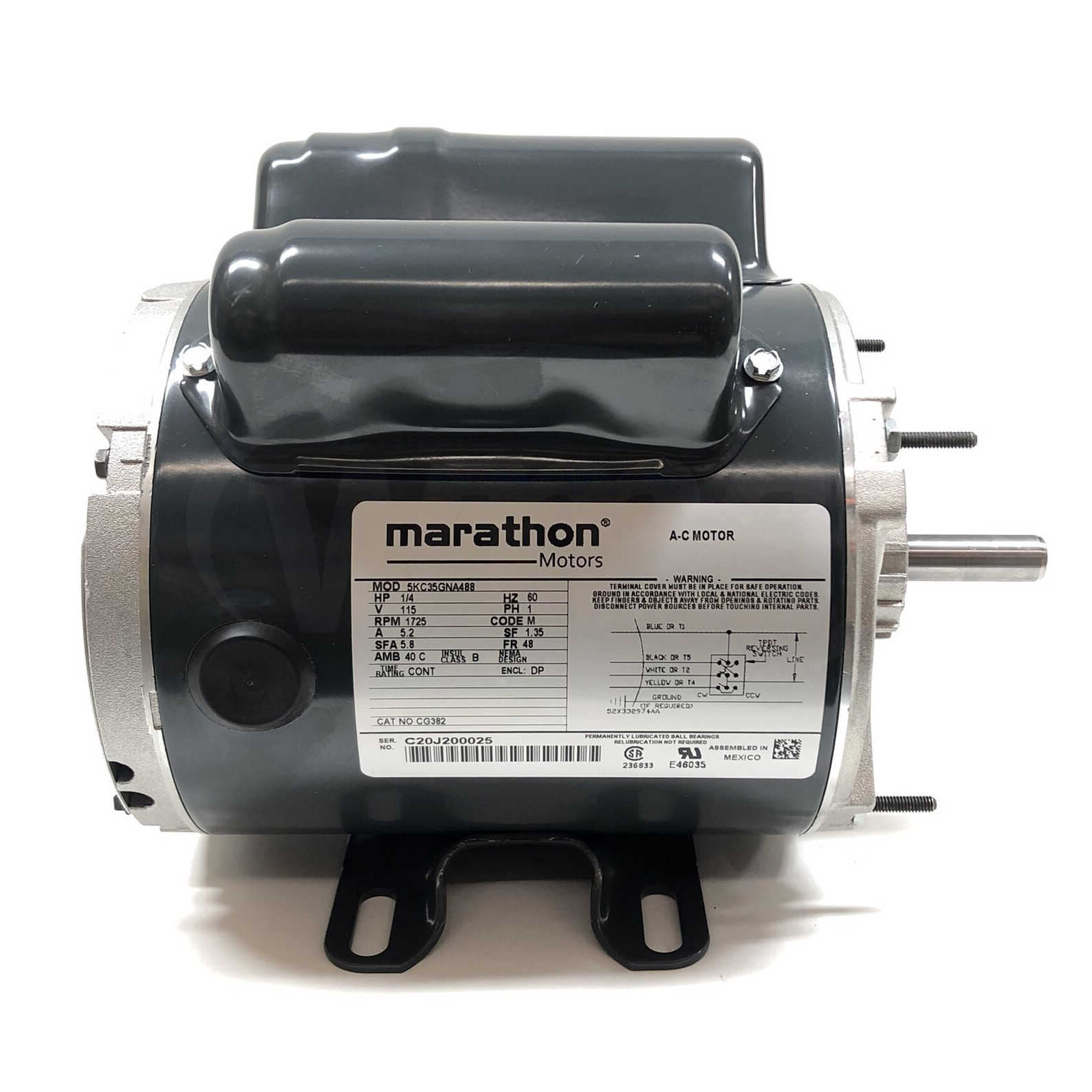 5KC35GNA488 Marathon Motor 1/4 HP, 1725RPM, DP, 115V, 1PH, 60Hz, 5.2 Amp, CG382 5