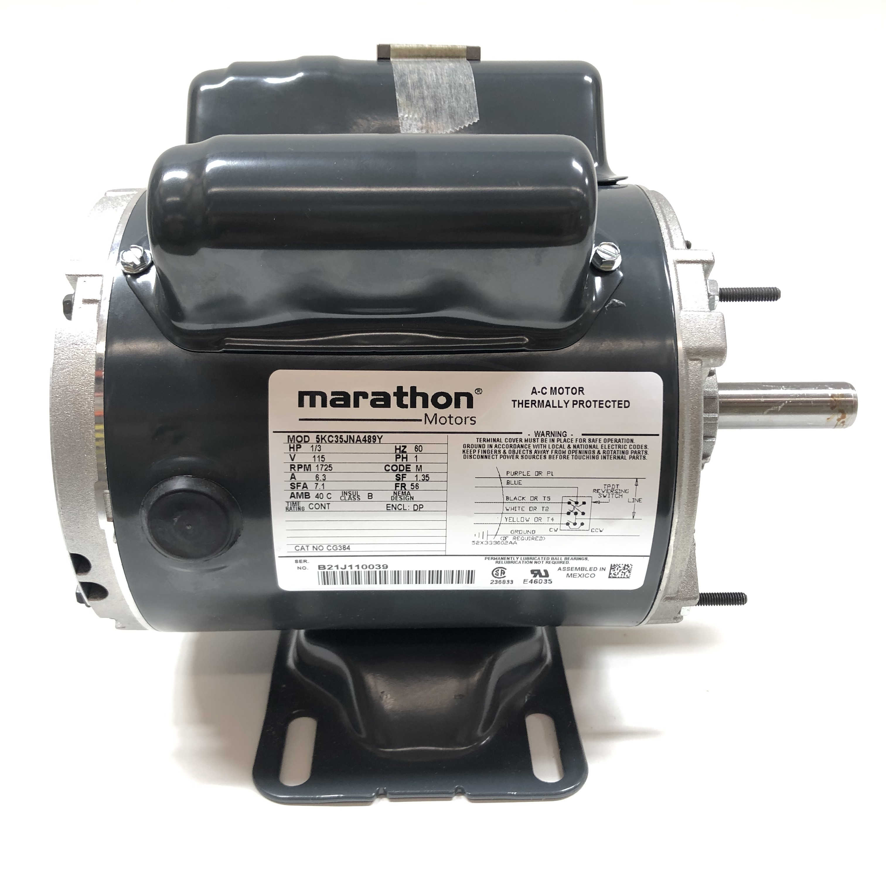 5KC35JNA489Y Marathon Motor 1/3 HP, 1 PH, 115 V, 60Hz, 1725 RPM, CG384 5