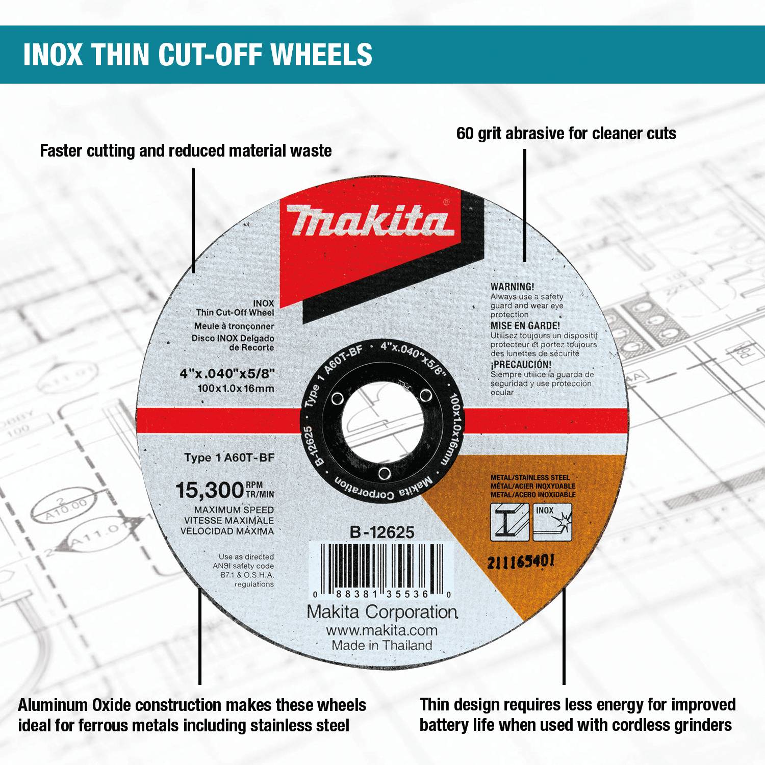 B-12669-10 Makita 7' x 1/16' x 7/8' INOX Thin Cut-Off Wheel, 60 Grit, 10 Pack 3