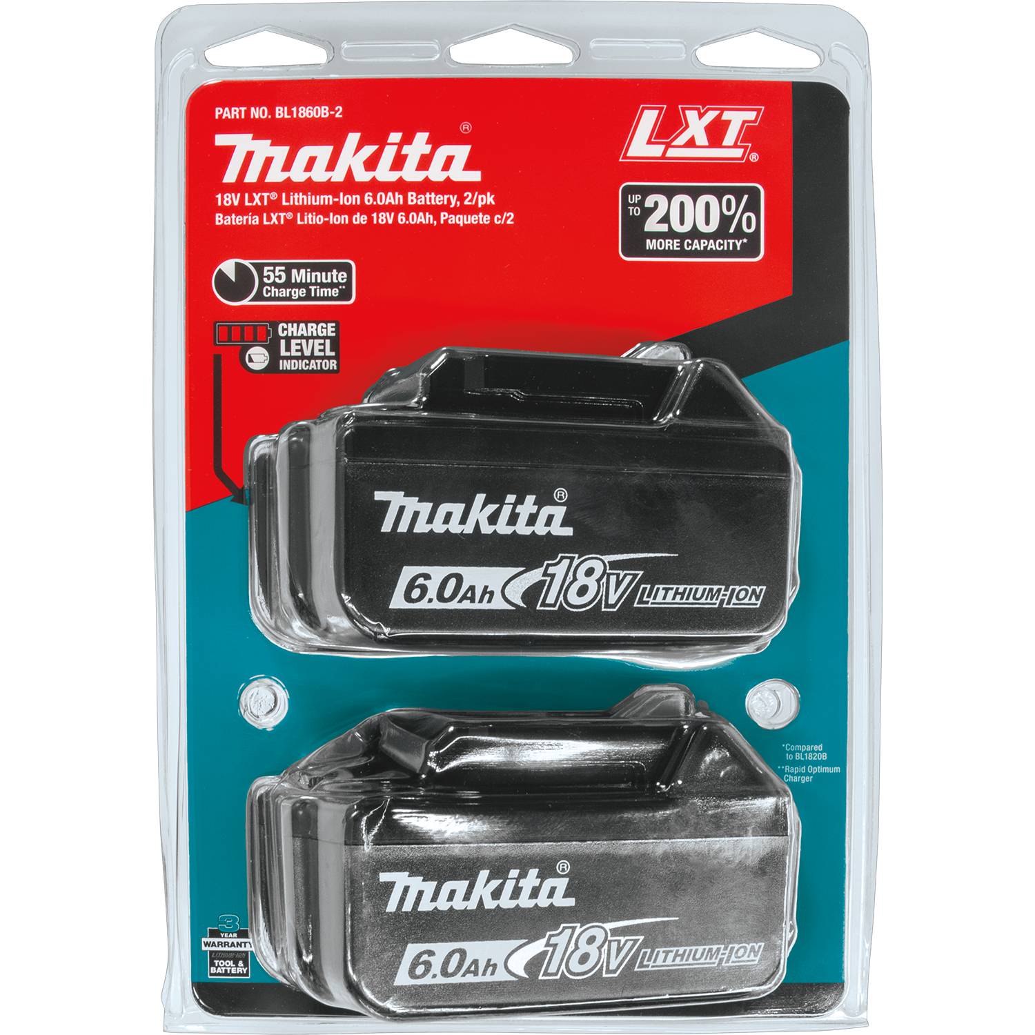 BL1860B-2 Makita 18V LXT® Lithium-Ion 6.0Ah Battery, 2 Pack