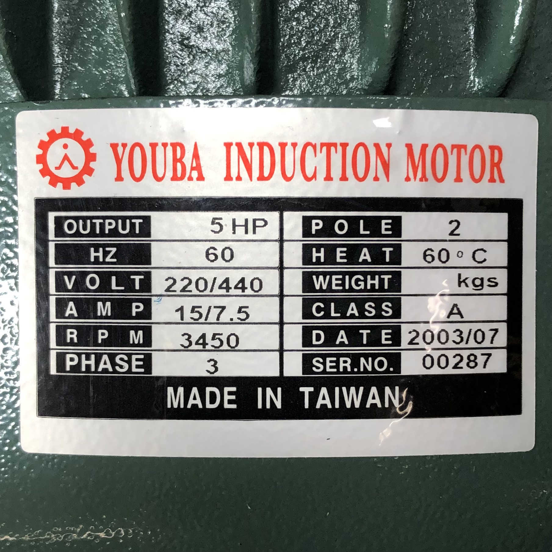 BW005A Youba Induction Motor 5Hp, 60Hz, 220-440V, 15/7.5A, 3450RPM, 3Phase 5