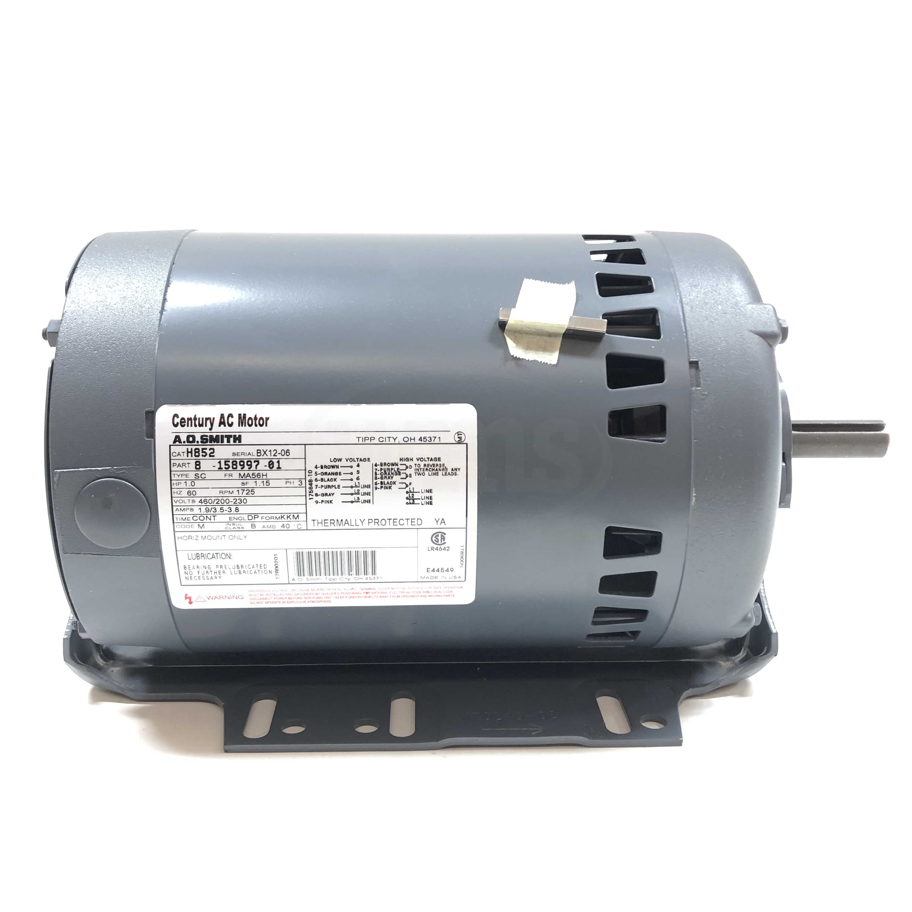 H852 AO Smith 1 HP, 1725 RPM, 460/200-230 V, 60Hz, AC Motor 5